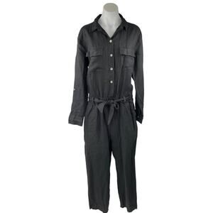 NEW Saks Fifth Avenue 100% Linen Black Long Sleeve Button Up Romper Jumpsuit L
